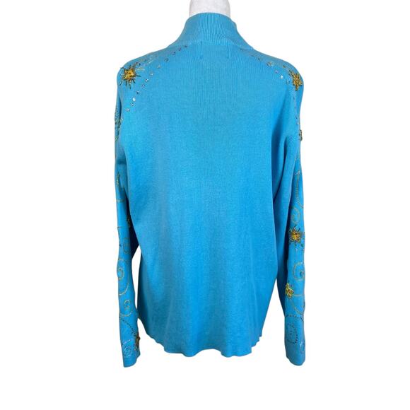 Quacker Factory Vtg 90s Holiday Cardigan With Star Appliquè Turquoise & Gold - Picture 5 of 16